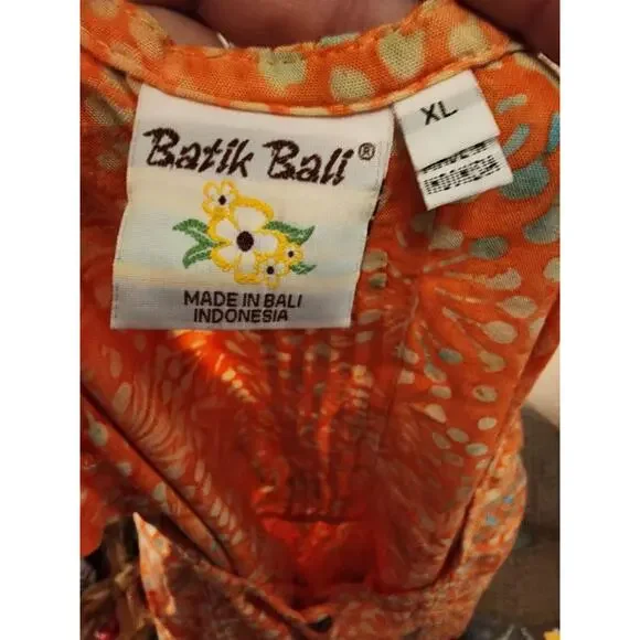 Bali Batiks Indonesia Hand Painted Resort Wear XL Orange Sun Dress Knee Length - Picture 6 of 7